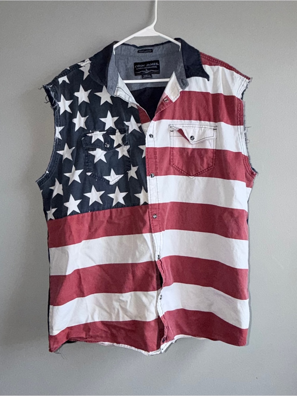 American Flag Sleeveless Western Shirt Cody James L Americana Biker Cut-Off Snap